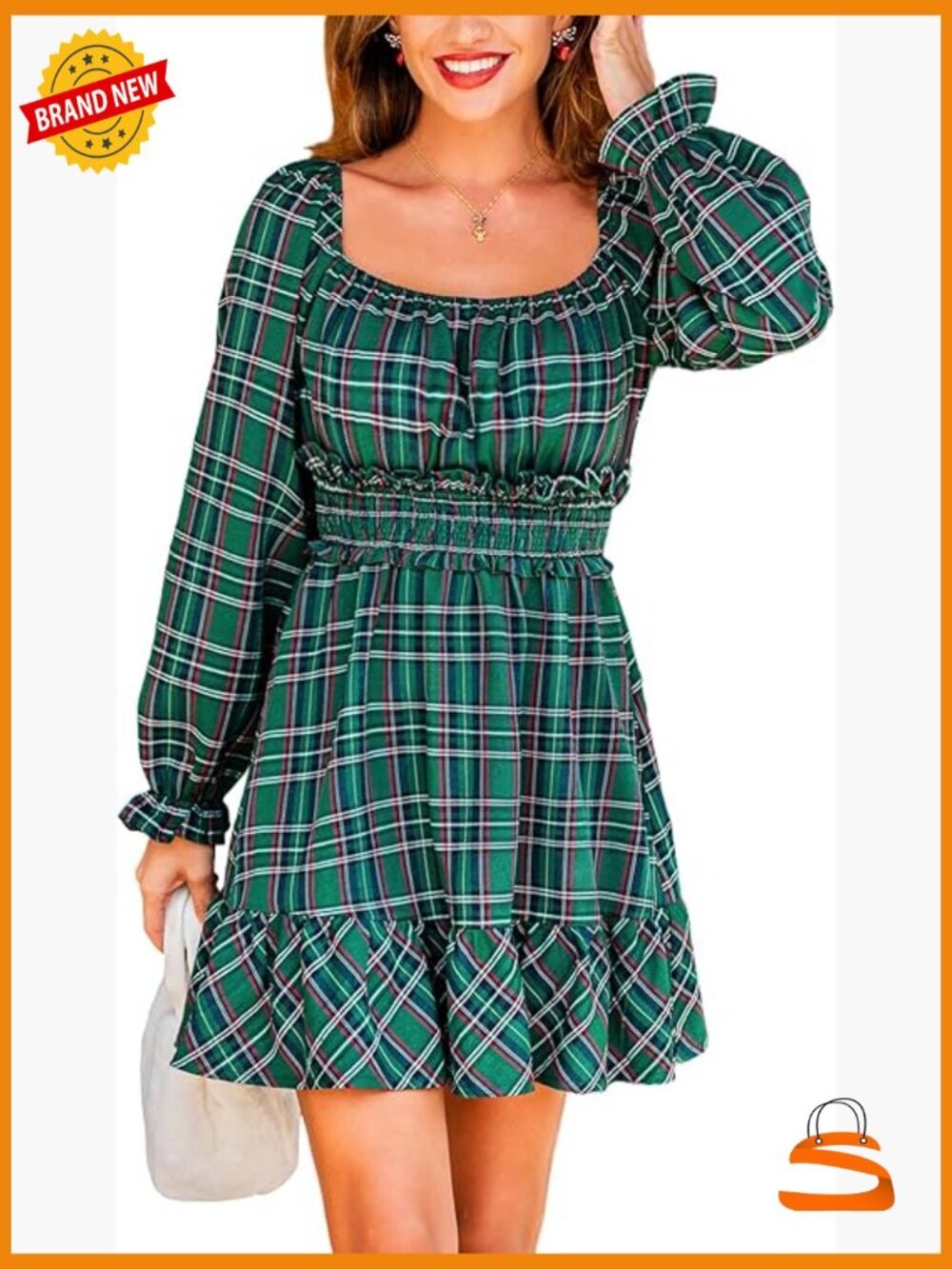 Long Sleeve Scoop Neck Plaid Smocked A-Line Mini Party Dress